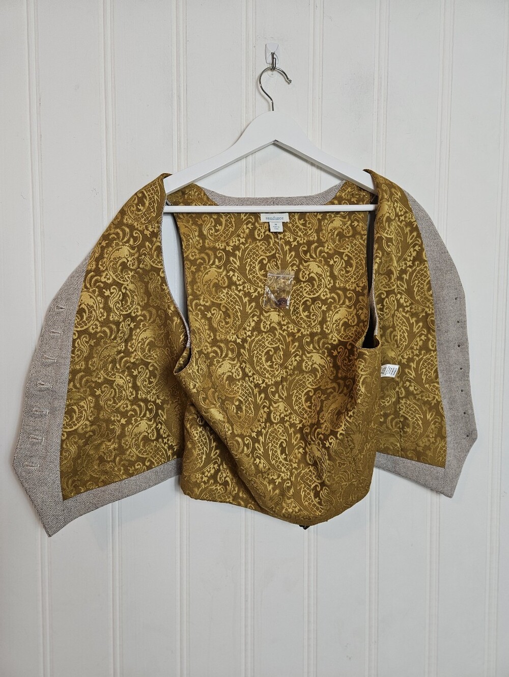 Sundance Vest M Wool Tweed Herringbone Paisley Brocade Boho Academia Beige Brown - Picture 6 of 10